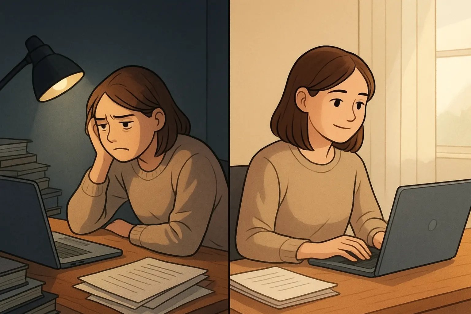 Split-panel showing woman transforming from overwhelmed at cluttered desk to calm and focused after starting small task