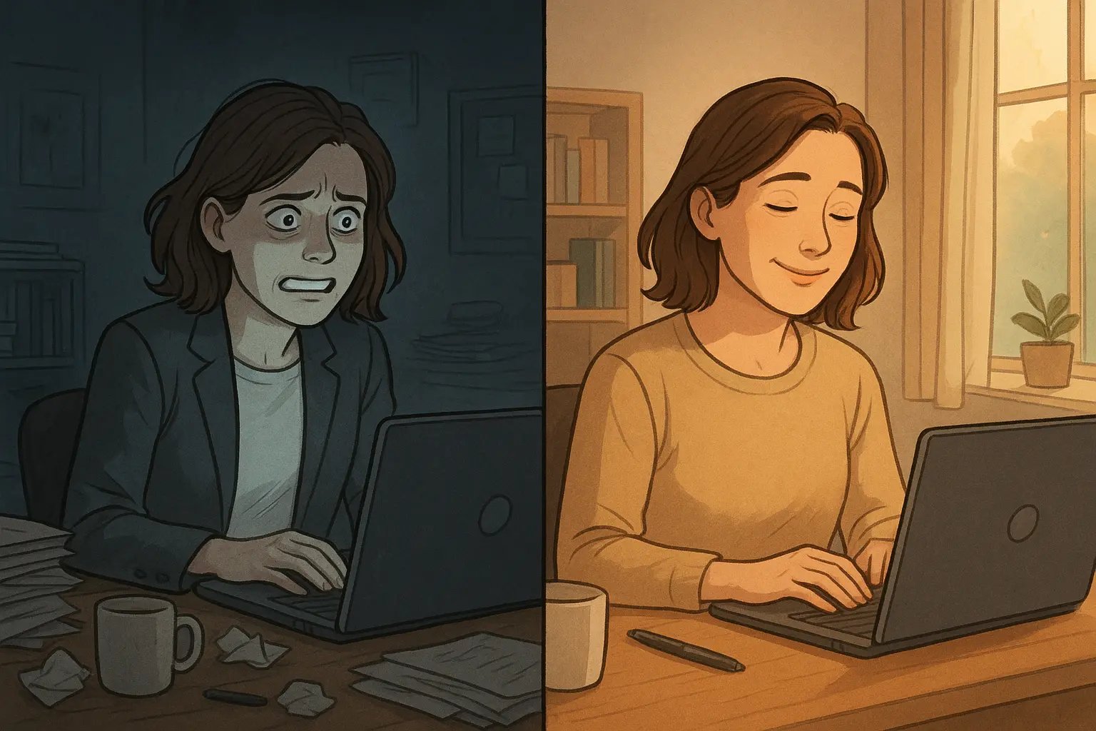 Woman transforms from stressed at chaotic desk to relaxed with support, showing journey from hiding struggles to seeking help