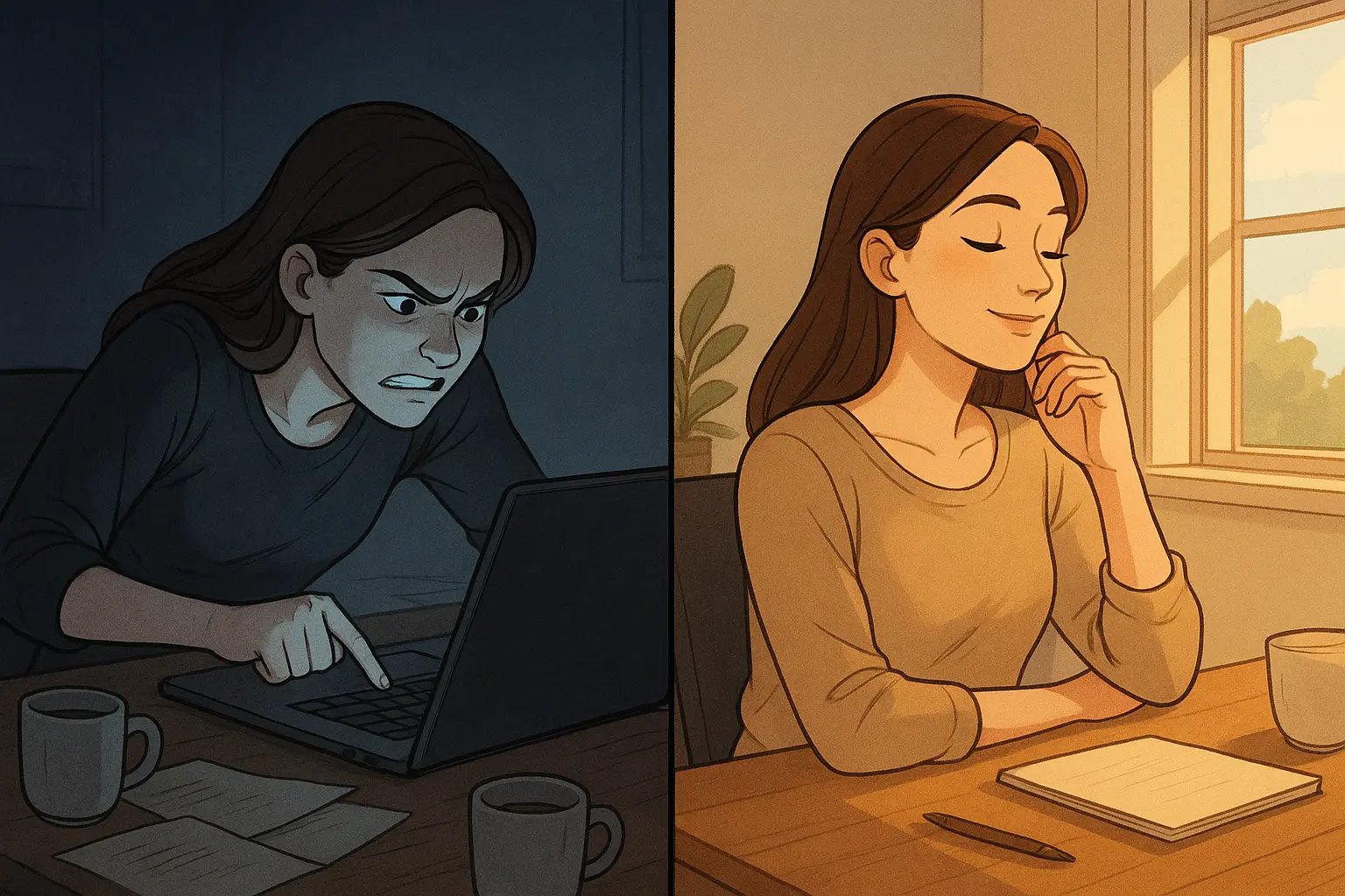 Before and after illustration showing a woman transforming from stressed and impulsive to calm and reflective at her desk