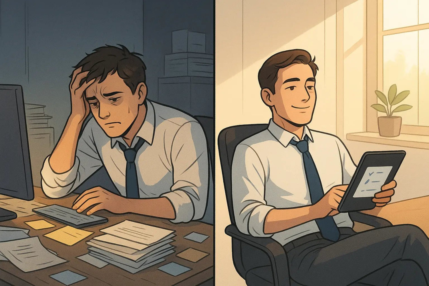 Professional man transforming from overwhelmed at chaotic desk to calm and organised with a clean digital summary tablet.