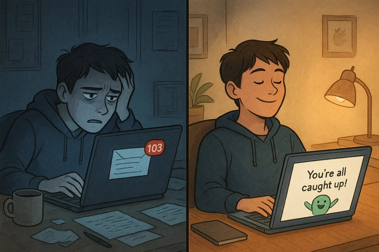 Split screen showing stressed student with messy inbox transforming to calm student with empty inbox