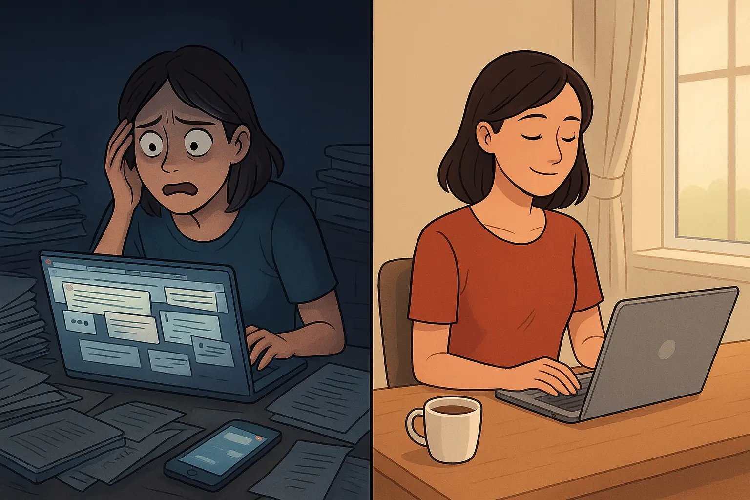Split panel showing woman's transformation from overwhelmed at cluttered desk to calm and focused with organised workspace
