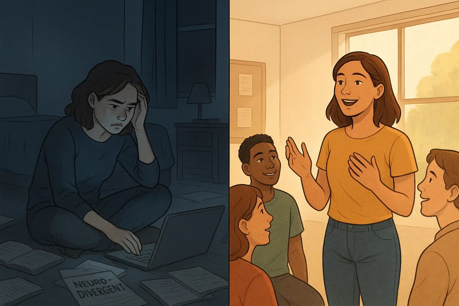 Woman's transformation from studying alone in dimly lit room to confidently speaking with supportive community group in bright space