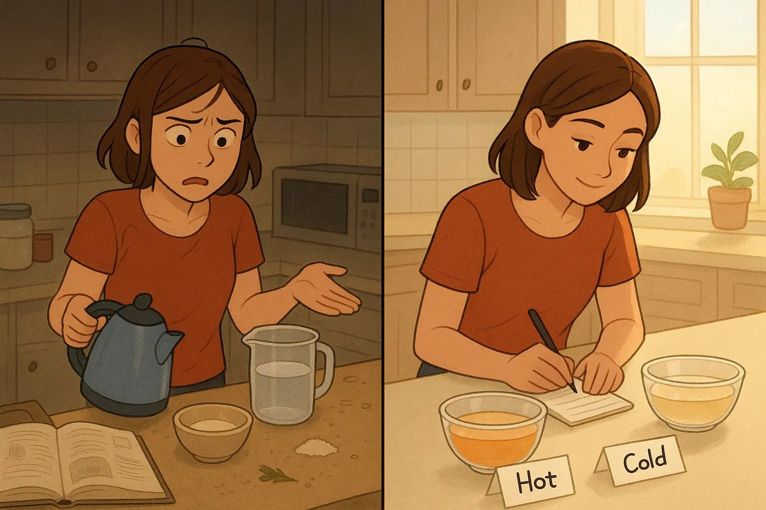 Split panel showing a student's transformation from confused in a messy kitchen to calm and organised whilst conducting a systematic gelatin experiment.