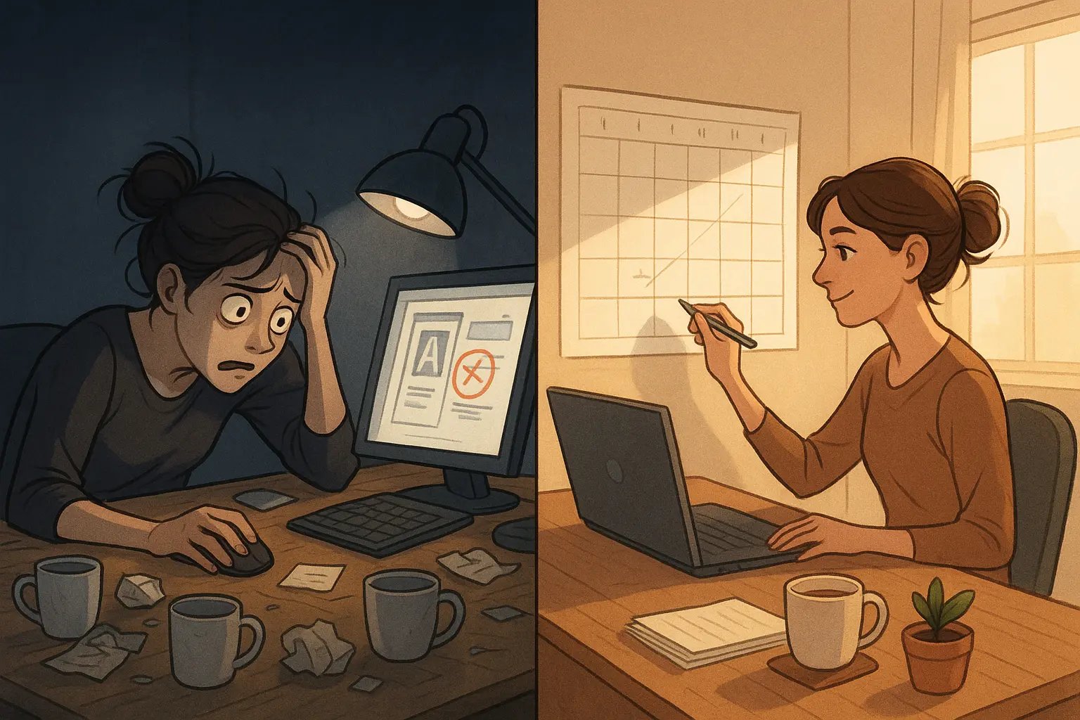 Split illustration showing a woman's transformation from panicked at a messy desk to calm planning her project on a tidy desk with calendar