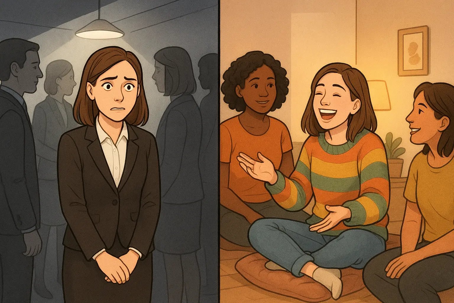 Woman transforms from anxious at formal party to joyful with accepting friends in cosy setting