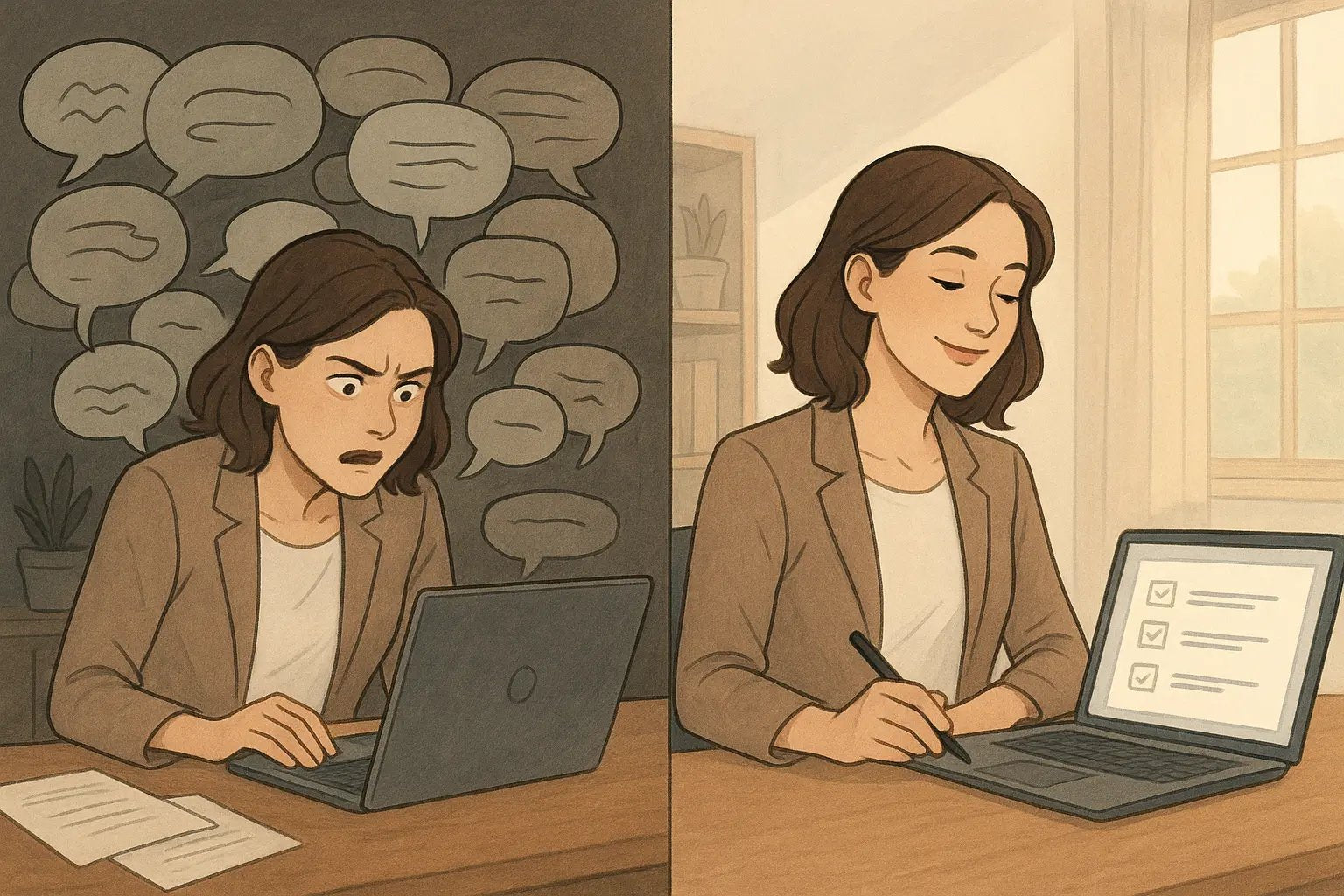 Professional woman transforming from overwhelmed during a chaotic video call to confident with an organised digital checklist on her laptop screen