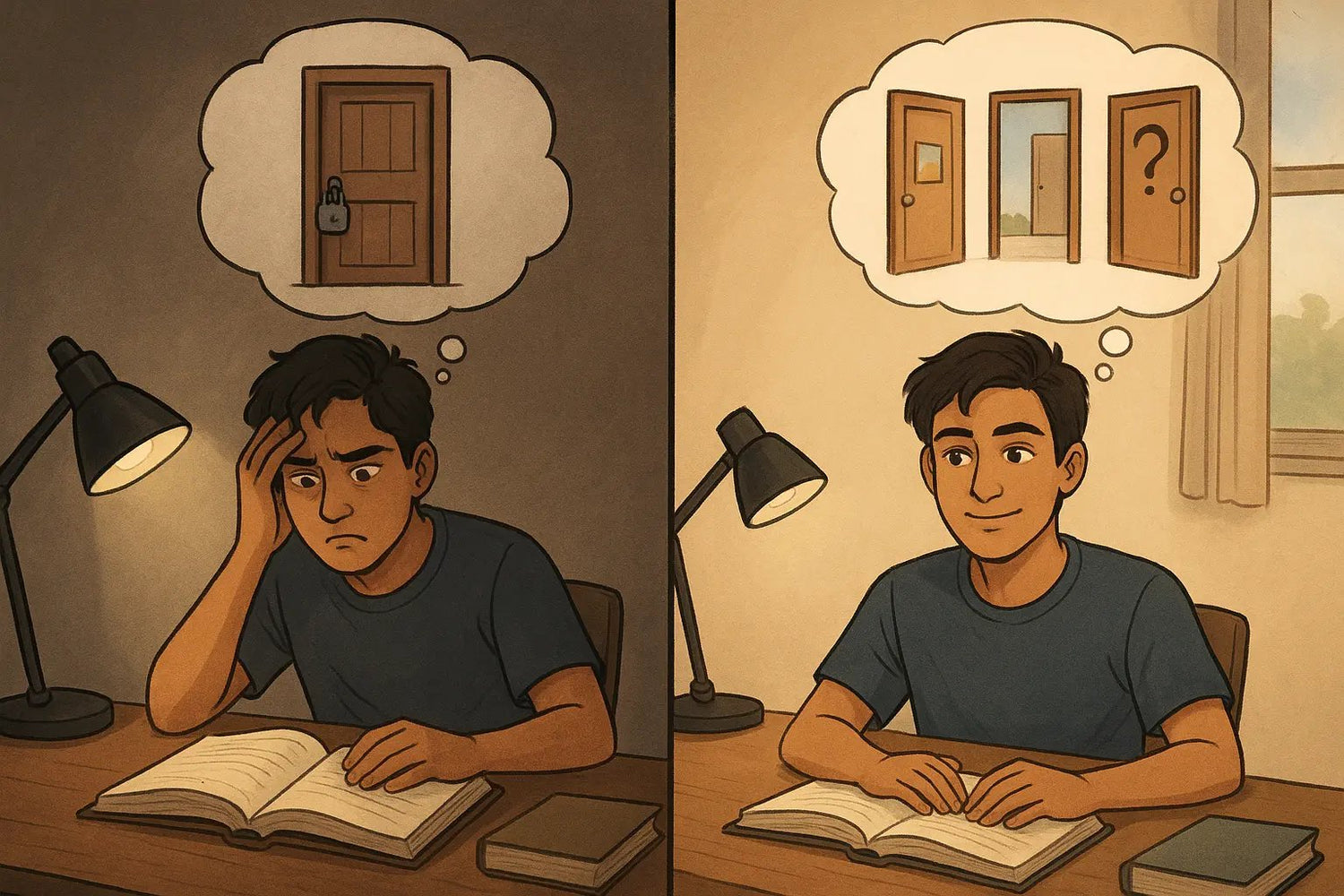Student transformation showing stressed studying changing to confident recall with three open memory pathway doors