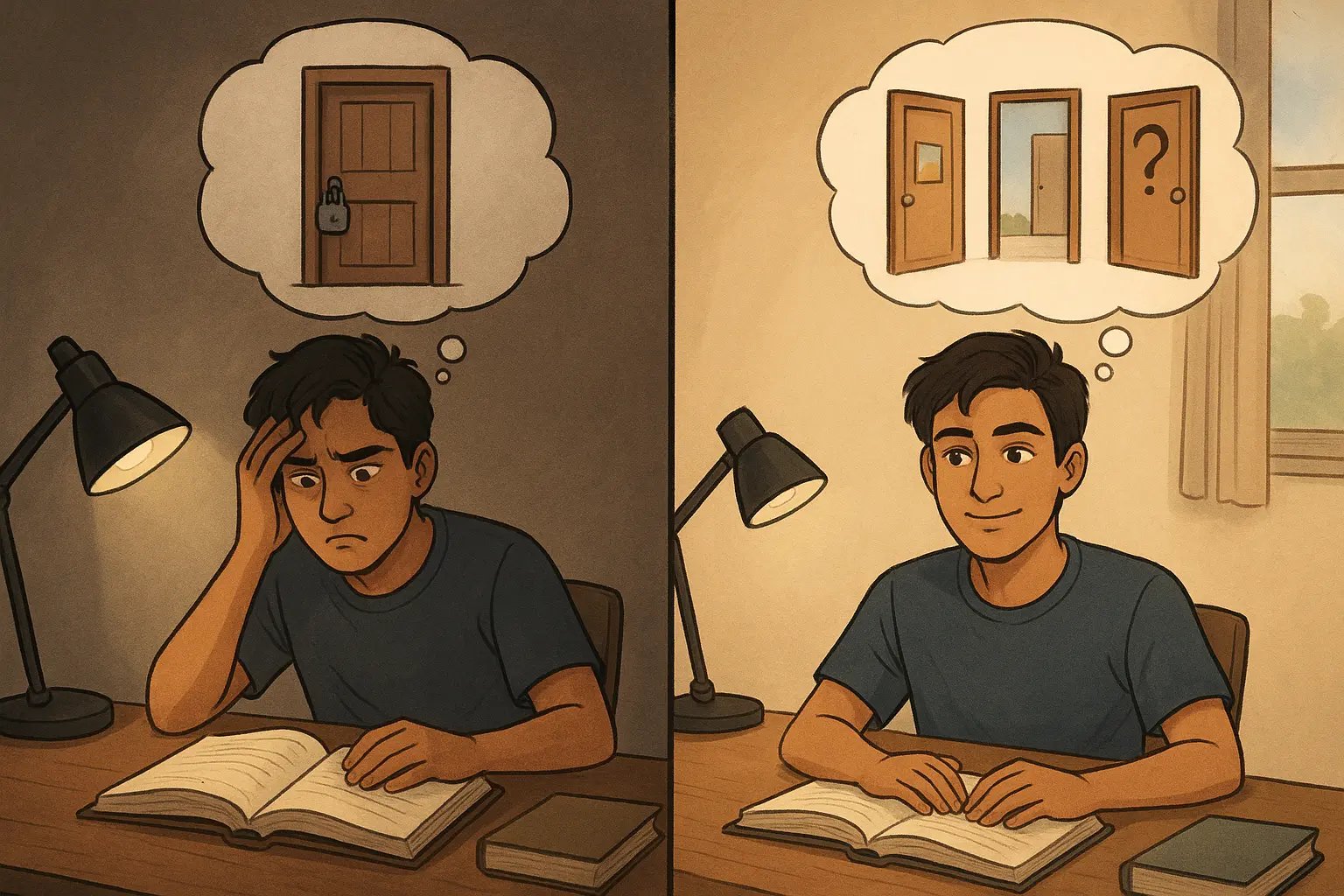 Student transformation showing stressed studying changing to confident recall with three open memory pathway doors
