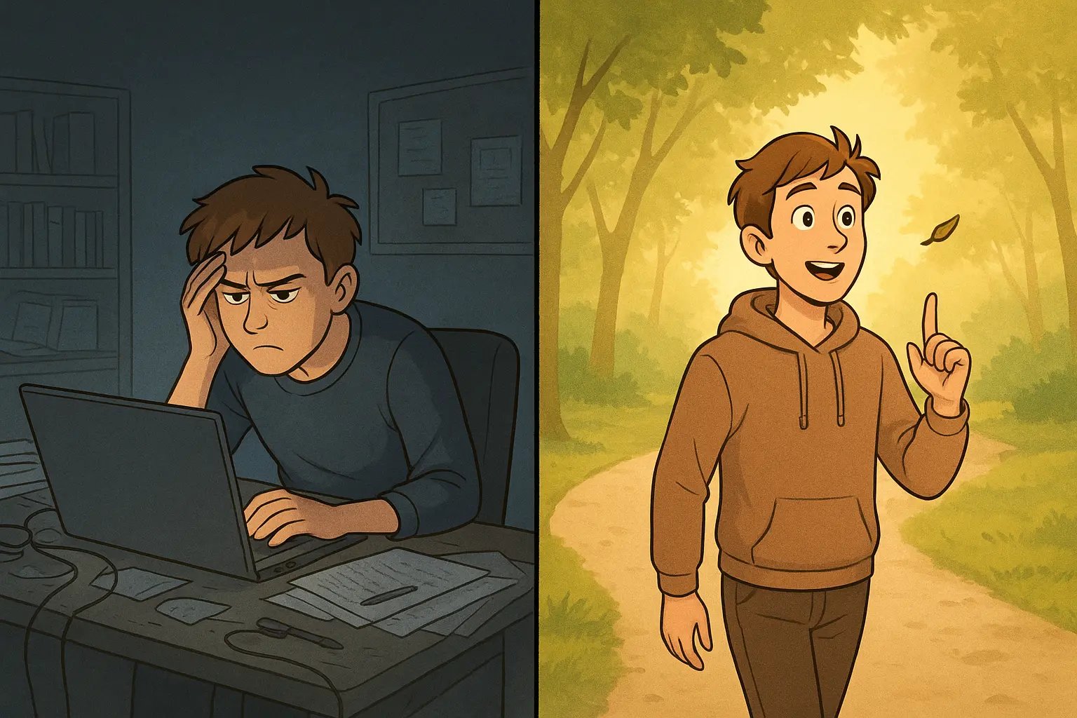 Split illustration showing a stressed person at a cluttered desk transforming into the same person having an 'aha!' moment during a peaceful outdoor walk