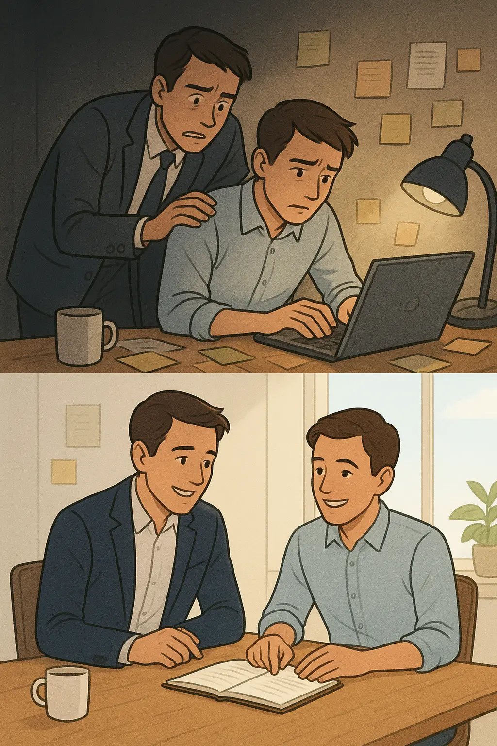 Split panel showing a manager's transformation from stressed micromanagement to calm collaboration using a simple progress log