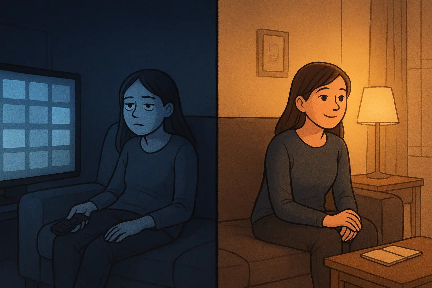 Woman enjoying intentional TV time in cosy room after choosing show beforehand, contrasting with mindless browsing