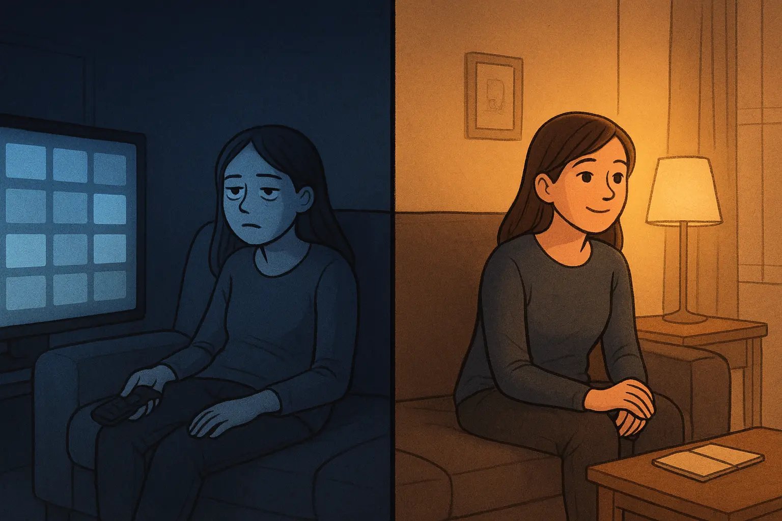 Woman enjoying intentional TV time in cosy room after choosing show beforehand, contrasting with mindless browsing
