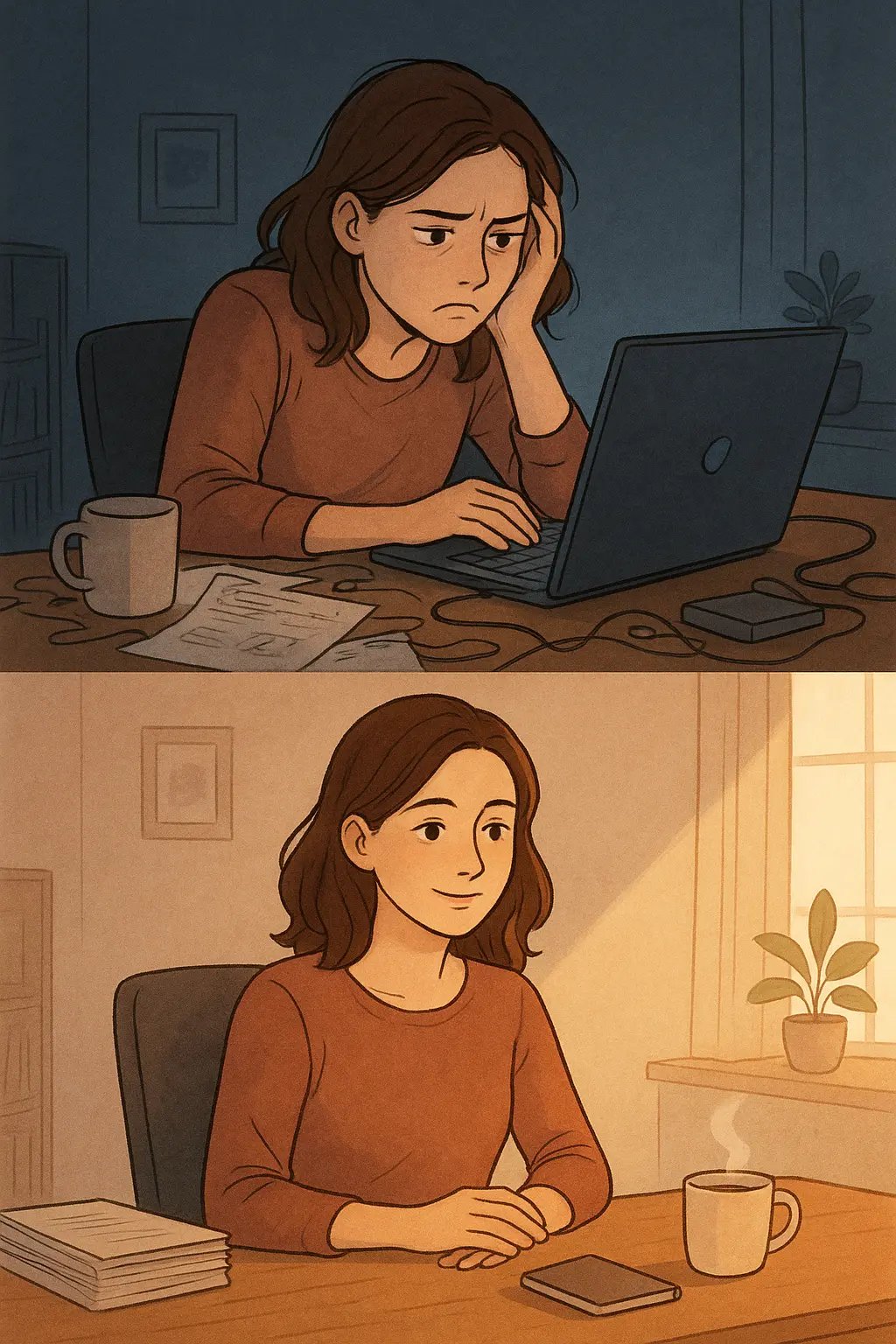 Woman at organised desk in bright morning light, looking calm and focused after mental rehearsal practice