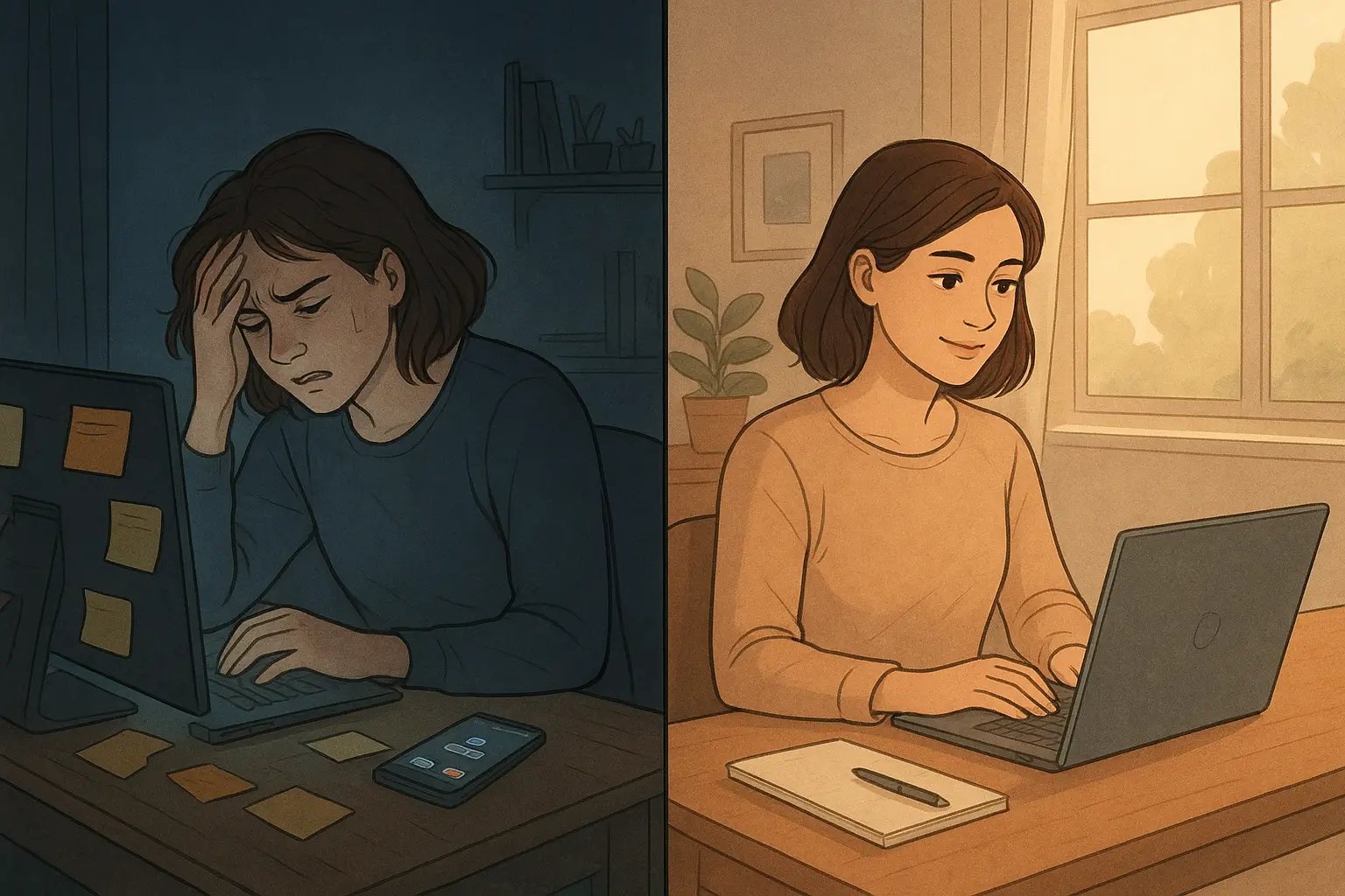 Split-panel illustration showing a woman's transformation from stressed multitasker at a cluttered desk to calm, focused worker in an organised space.