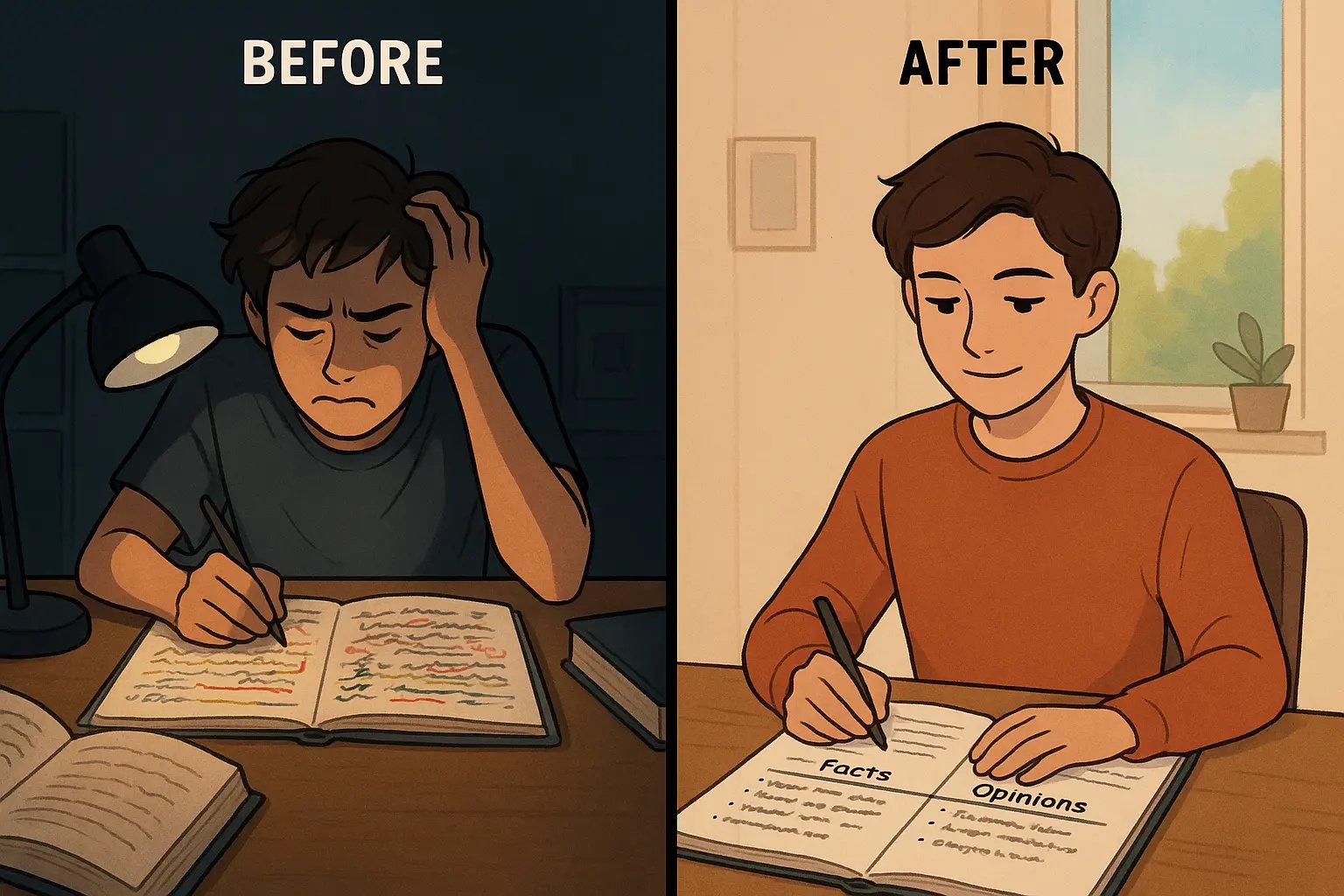 University student transforming from overwhelmed with messy notes to calm with organised T-chart separating facts from opinions