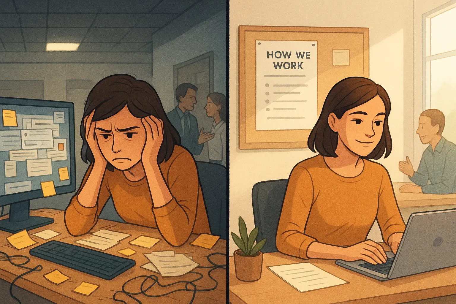 Woman at desk transformed from overwhelmed chaos to calm focus with a clear work guide pinned on the wall behind her