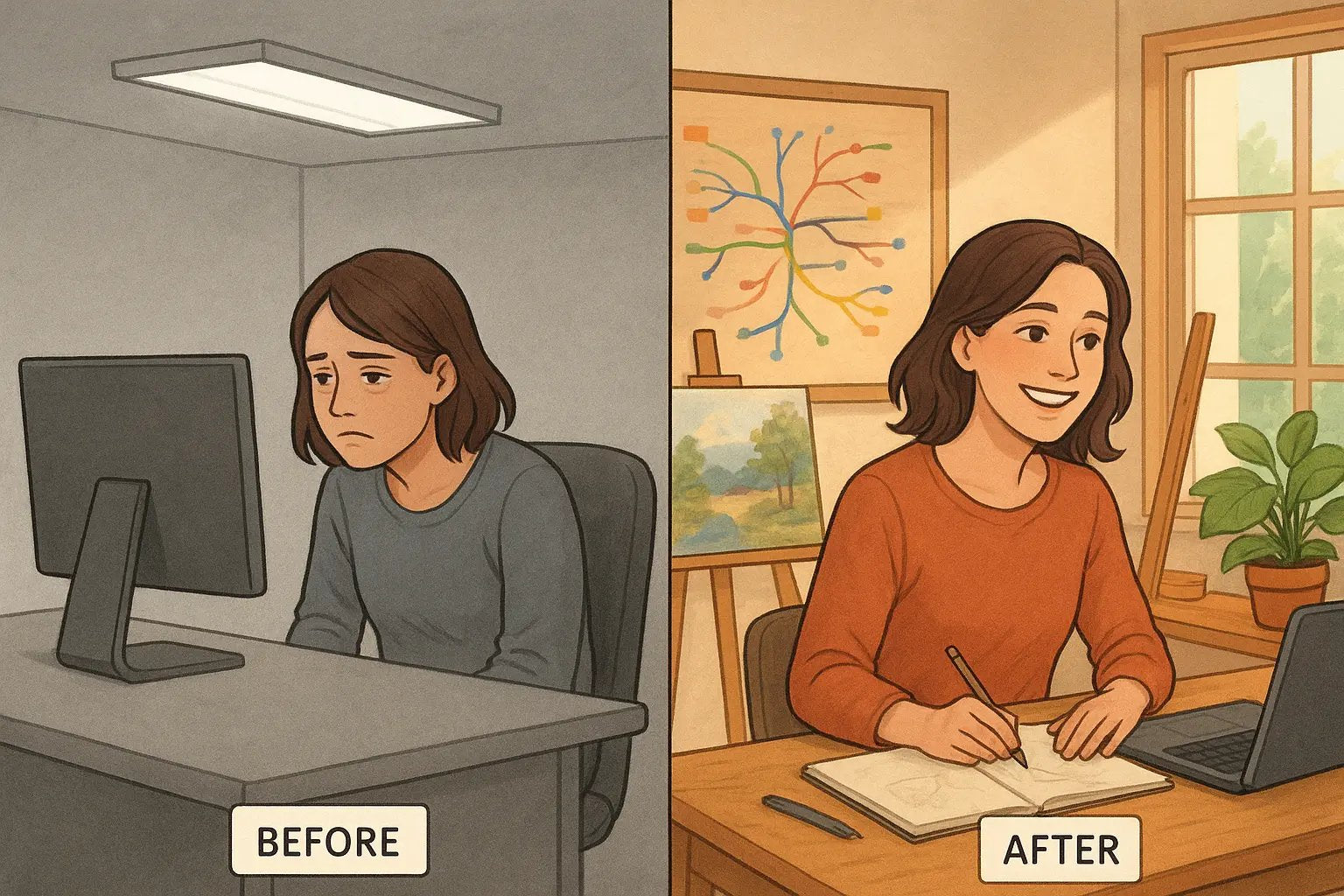 Woman transforming from grey office desk to vibrant creative home studio with painting, laptop, and colourful mind map.