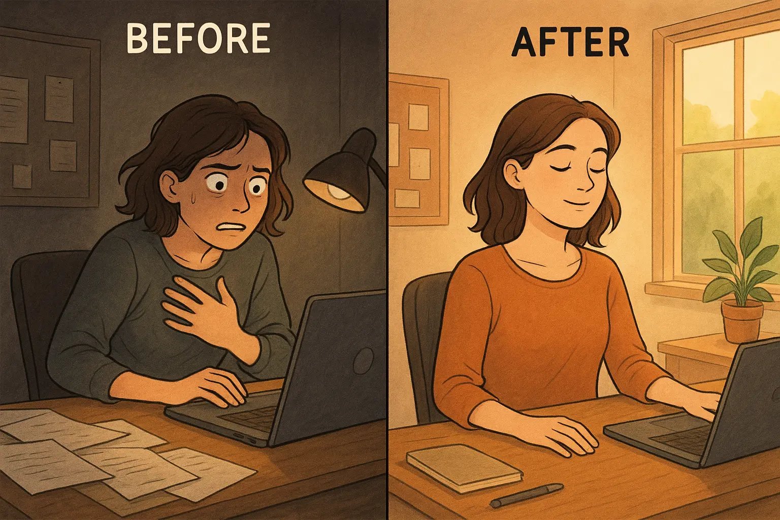 Split image: anxious woman at desk transforms to calm, breathing deeply with closed eyes and relaxed shoulders in natural morning light.