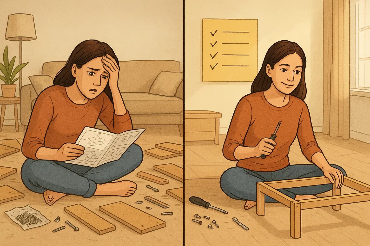 Woman confidently assembling furniture using a visible checklist on a sticky note, showing transformation from chaos to calm focus