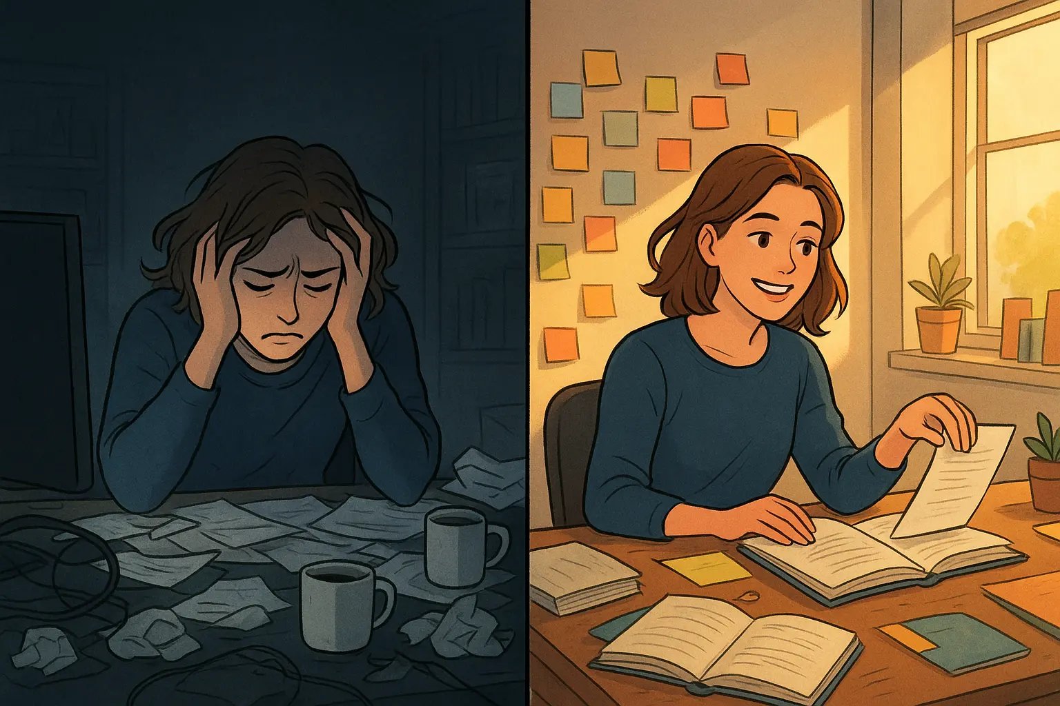 A woman thriving in her creatively cluttered workspace, smiling confidently while organising colorful notes and papers in her home office.