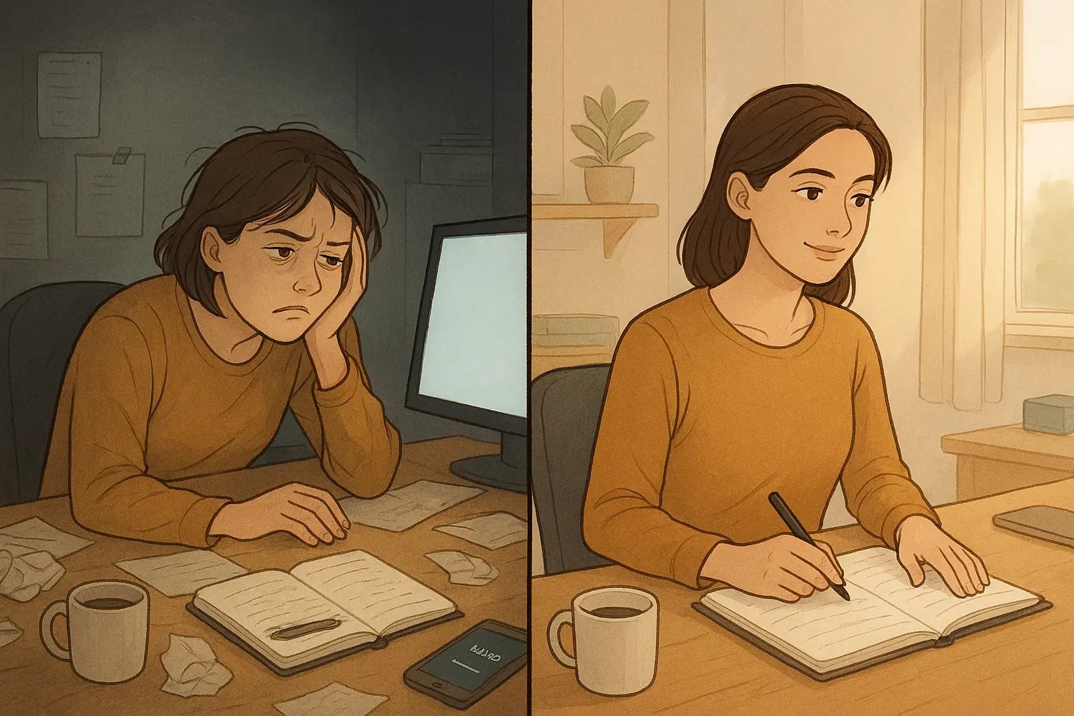 A woman at her desk transforms from overwhelmed in a cluttered space to calm and focused in an organised workspace.
