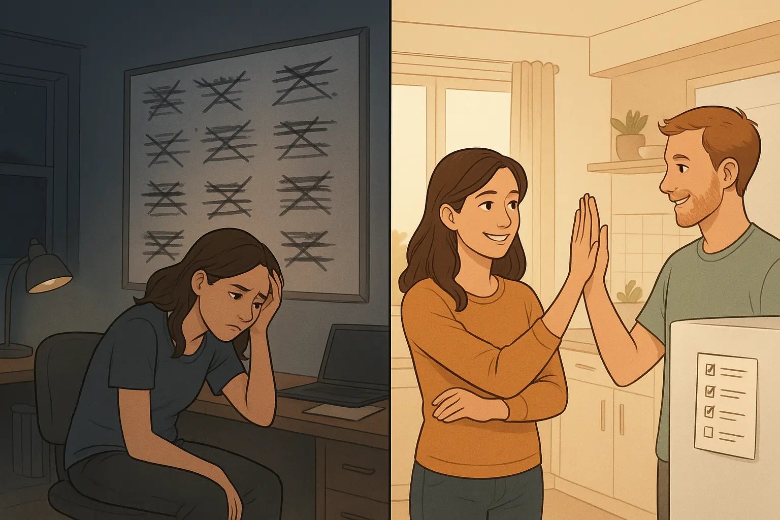 Woman celebrating weekly wins with partner in bright kitchen, looking at completed tasks on fridge checklist