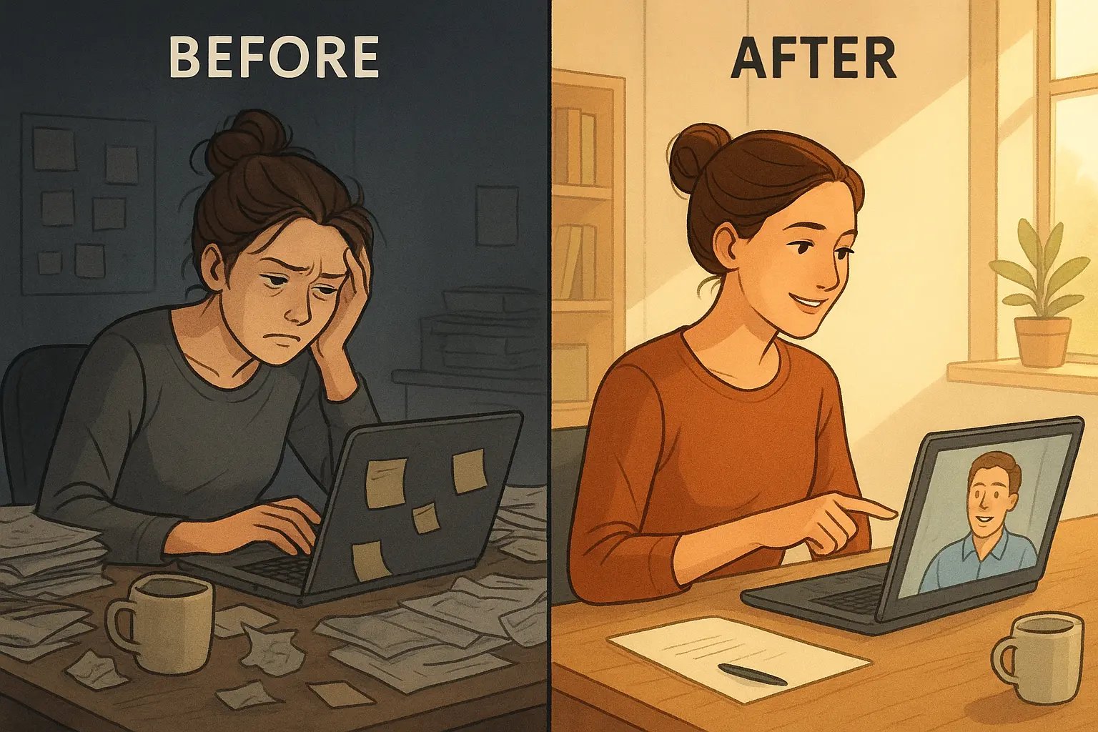 Before-and-after split panel showing a woman transforming from overwhelmed at a messy desk to calm and supported during a collaborative video call.