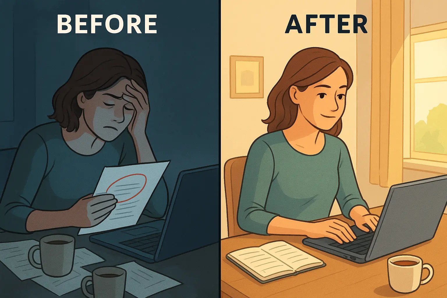Split image showing a woman's transformation from overwhelmed at cluttered desk to calm and focused in organised space while fixing a mistake