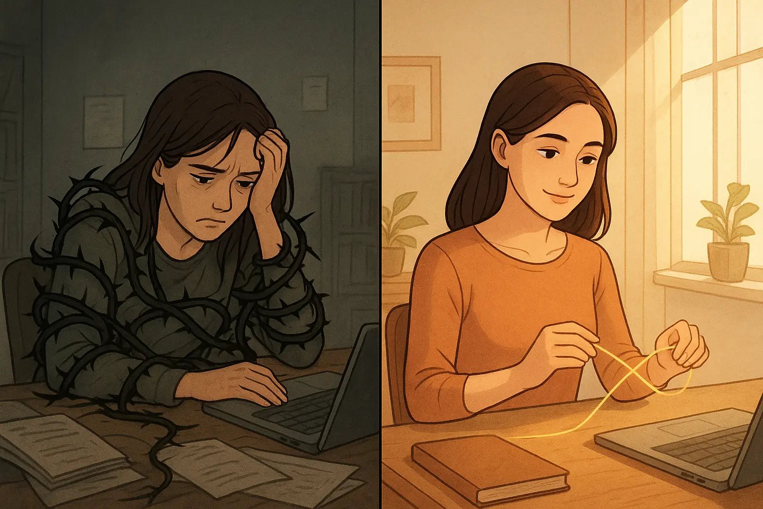 Woman transformed from overwhelmed by dark tangled threads to calmly weaving a golden thread into a beautiful pattern