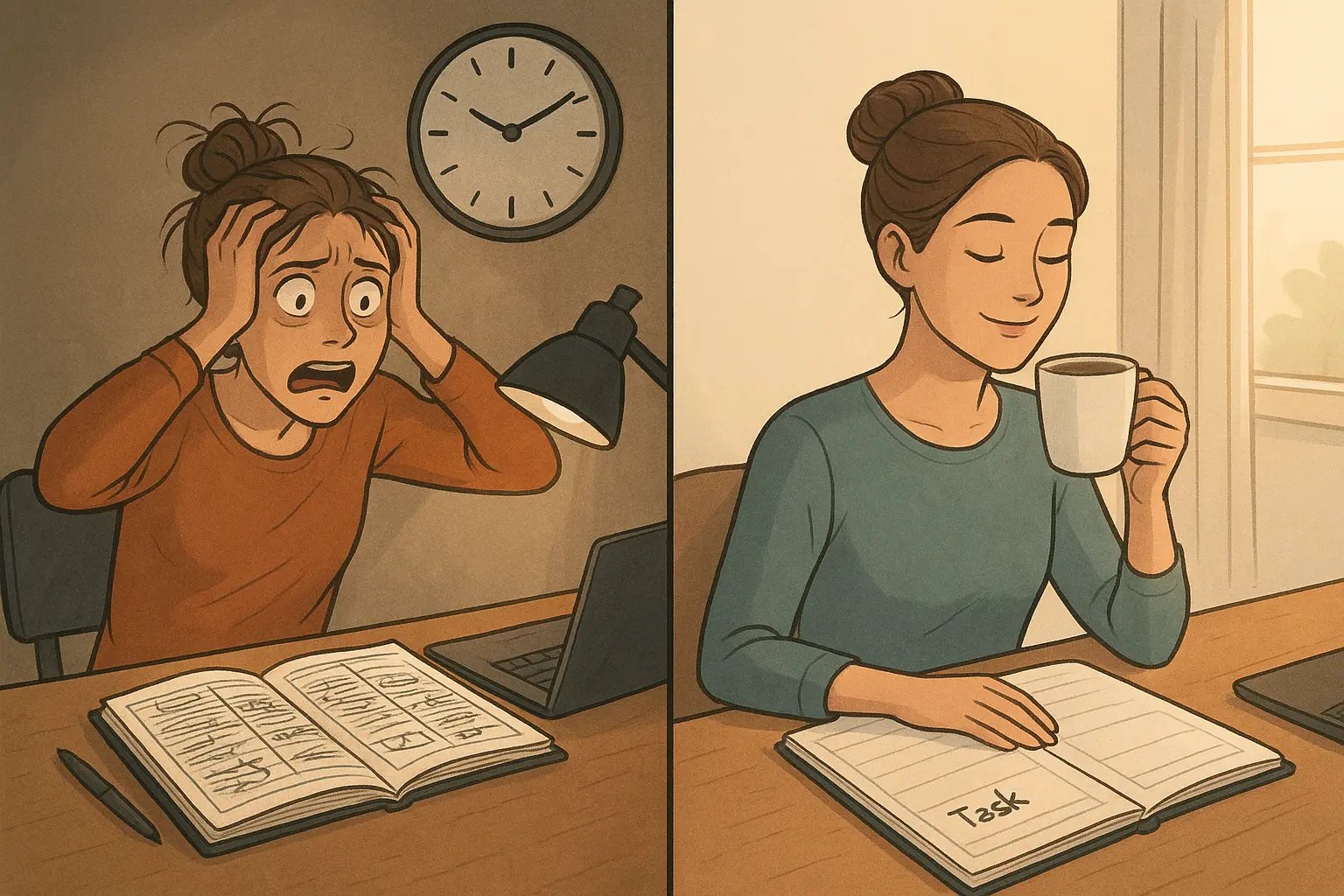 Split-panel showing a woman's transformation from stressed with a cramped planner to calm with a spacious, generous time-blocked schedule.