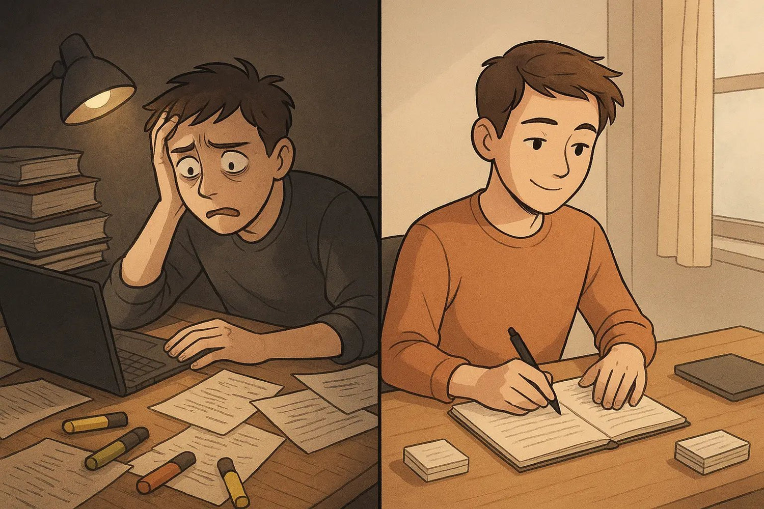 Split-panel showing student transformation from chaotic messy desk to organised calm study space with tidy notebook and structured workflow