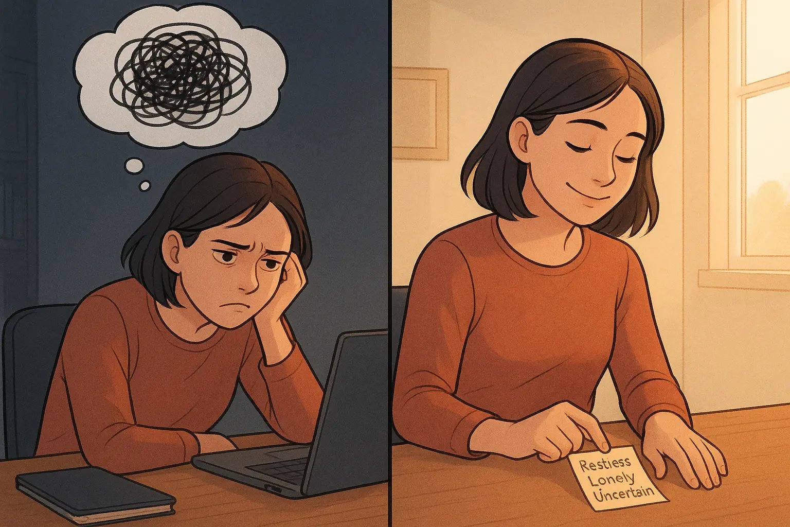 A before-and-after illustration showing a woman transforming from overwhelmed to calm by using a simple feelings menu on her desk.
