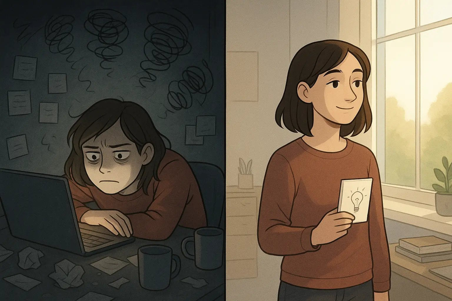 Woman transformed from overwhelmed at cluttered desk to calm and inspired by window after taking a brain break