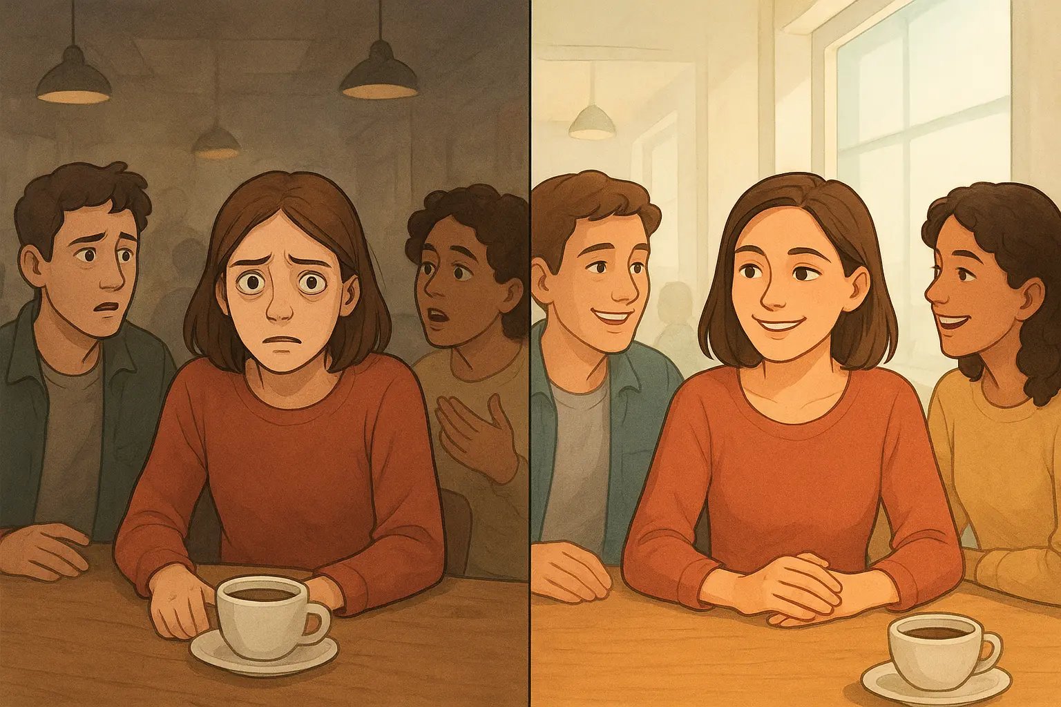 A woman in a cafe transforming from overwhelmed to calm and engaged, showing the power of neurodivergent support in social settings.