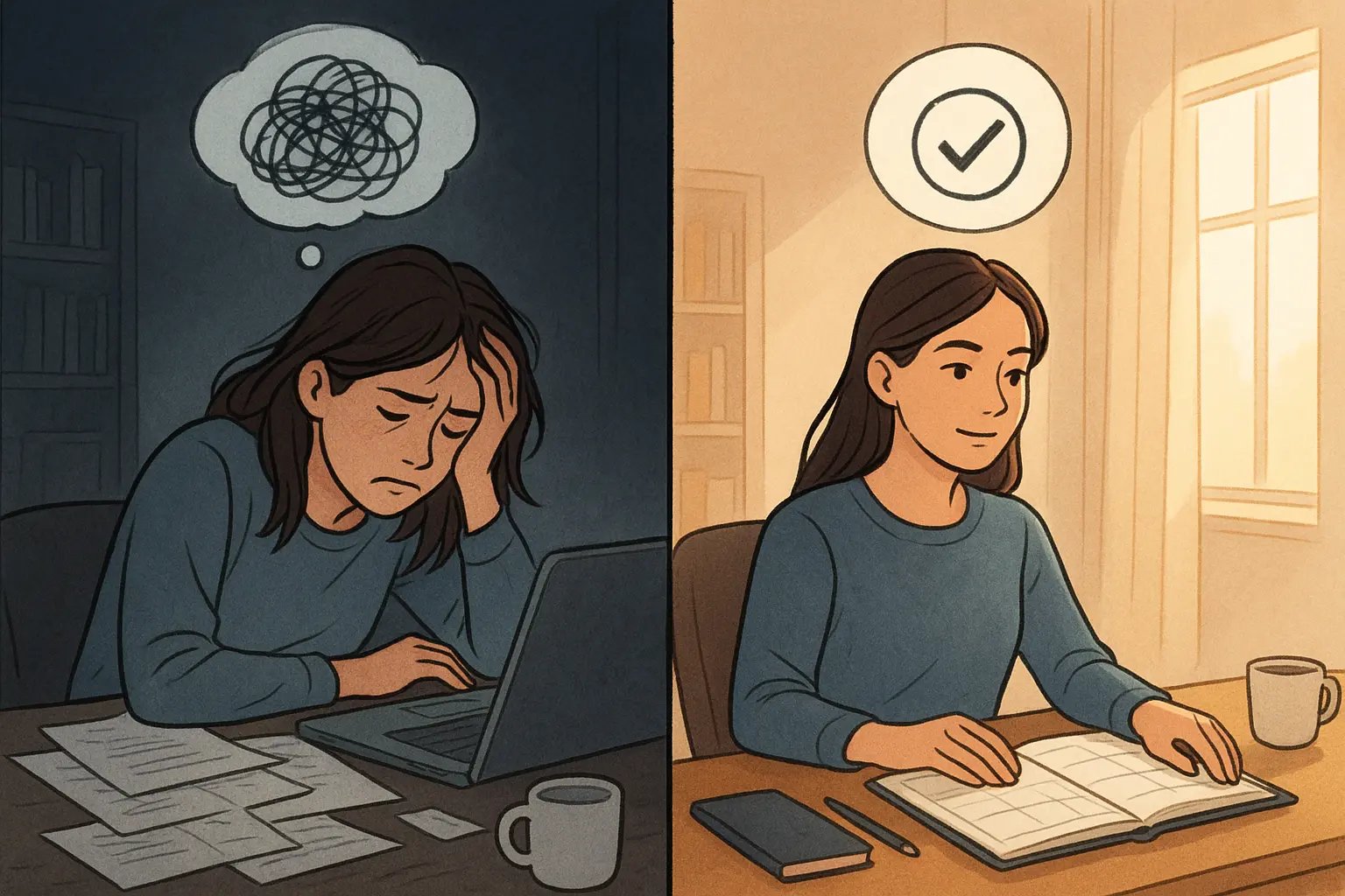 Woman reviewing organised calendar on phone with coffee in bright, tidy kitchen showing calm morning routine