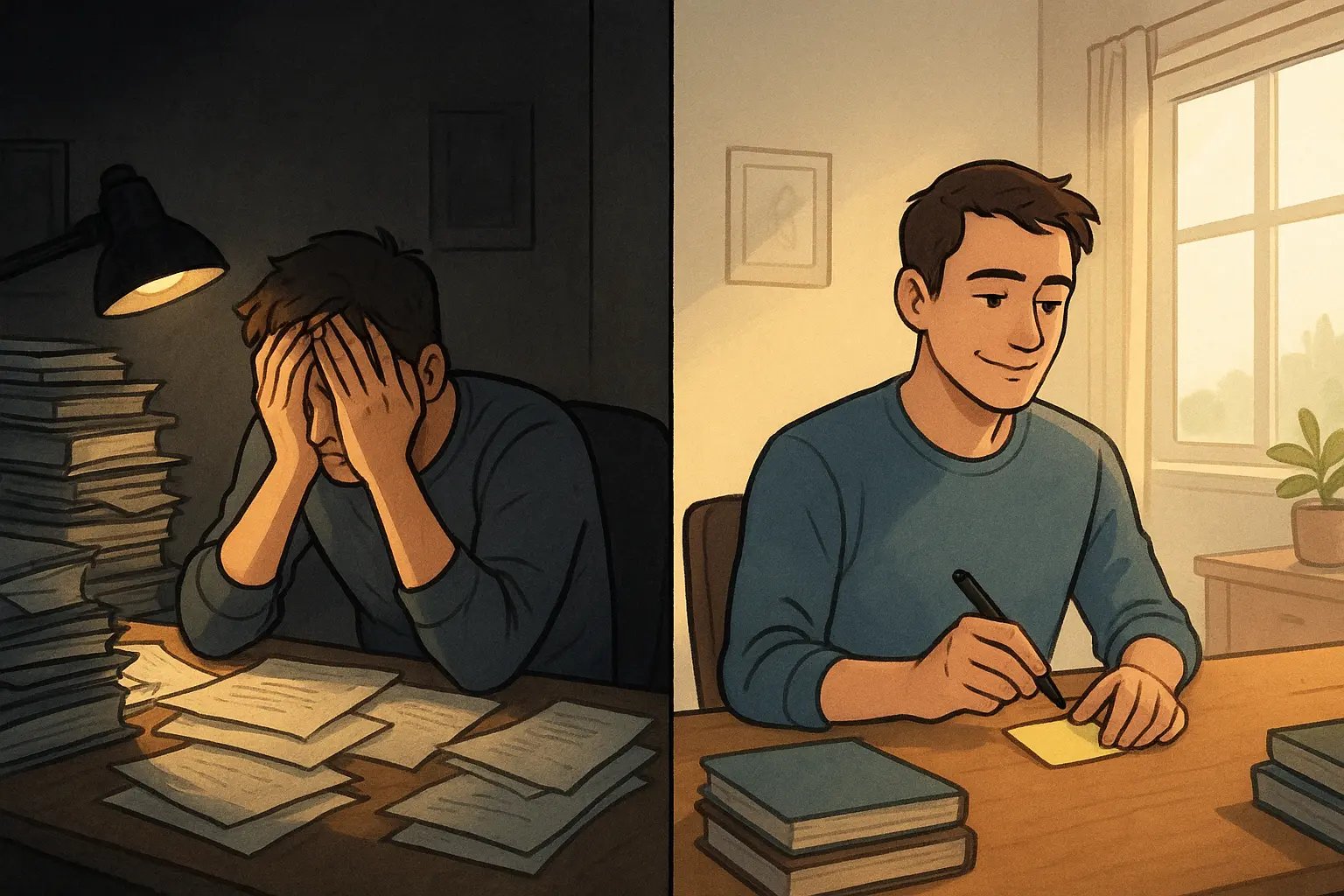 Split image showing a man overwhelmed by work transforming into calmly completing one small task, illustrating the power of breaking goals into steps.