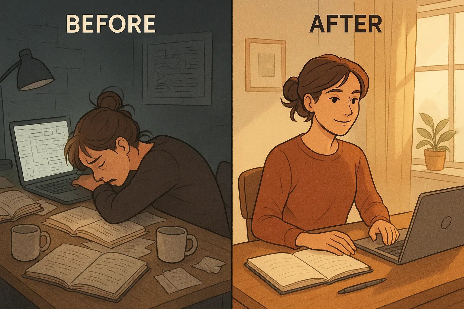Split panel showing a woman's transformation from an overwhelmed, cluttered desk to an organised, focused workspace with natural light.