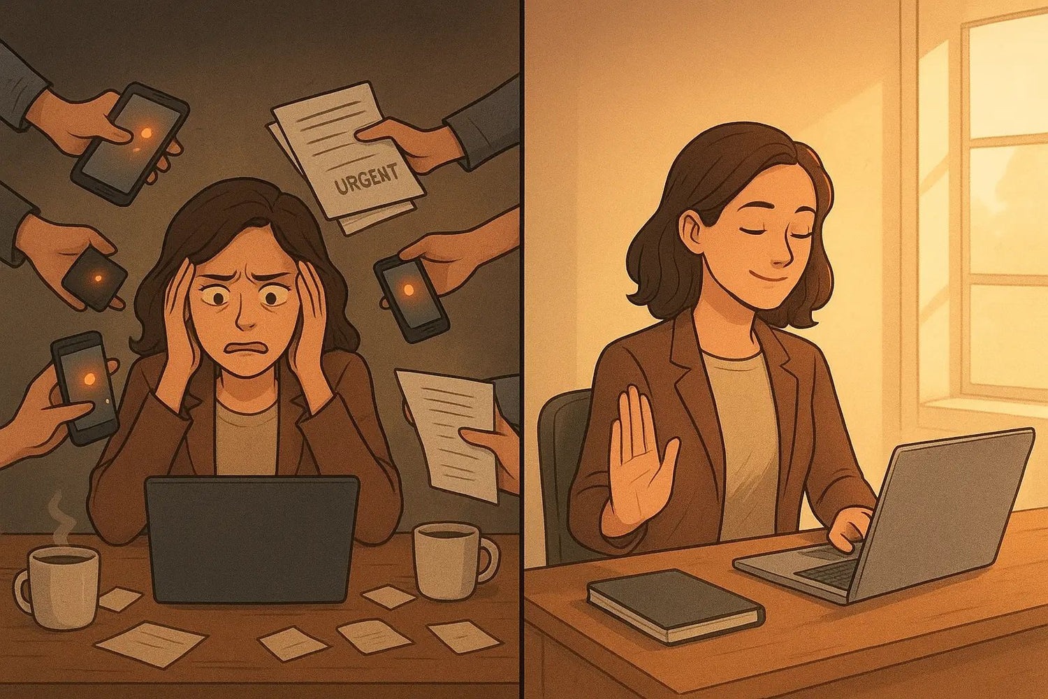 Split-panel illustration showing a woman's transformation from overwhelmed by urgent requests to calmly focused with clear boundaries at her organised desk