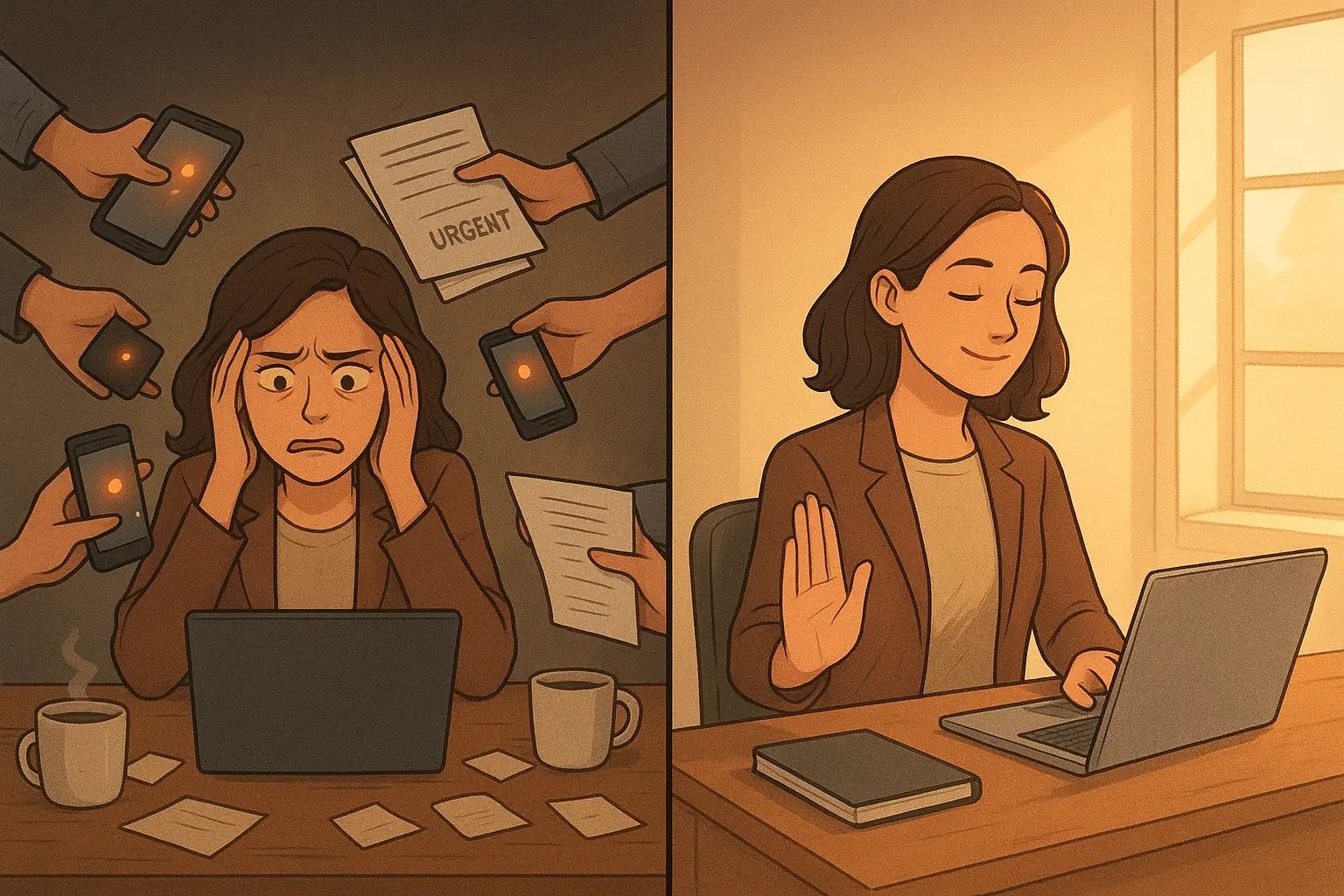 Split-panel illustration showing a woman's transformation from overwhelmed by urgent requests to calmly focused with clear boundaries at her organised desk