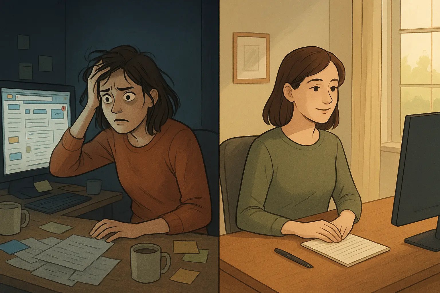 Woman at desk transforming from overwhelmed multitasker with chaotic workspace to calm, focused professional with organised desk