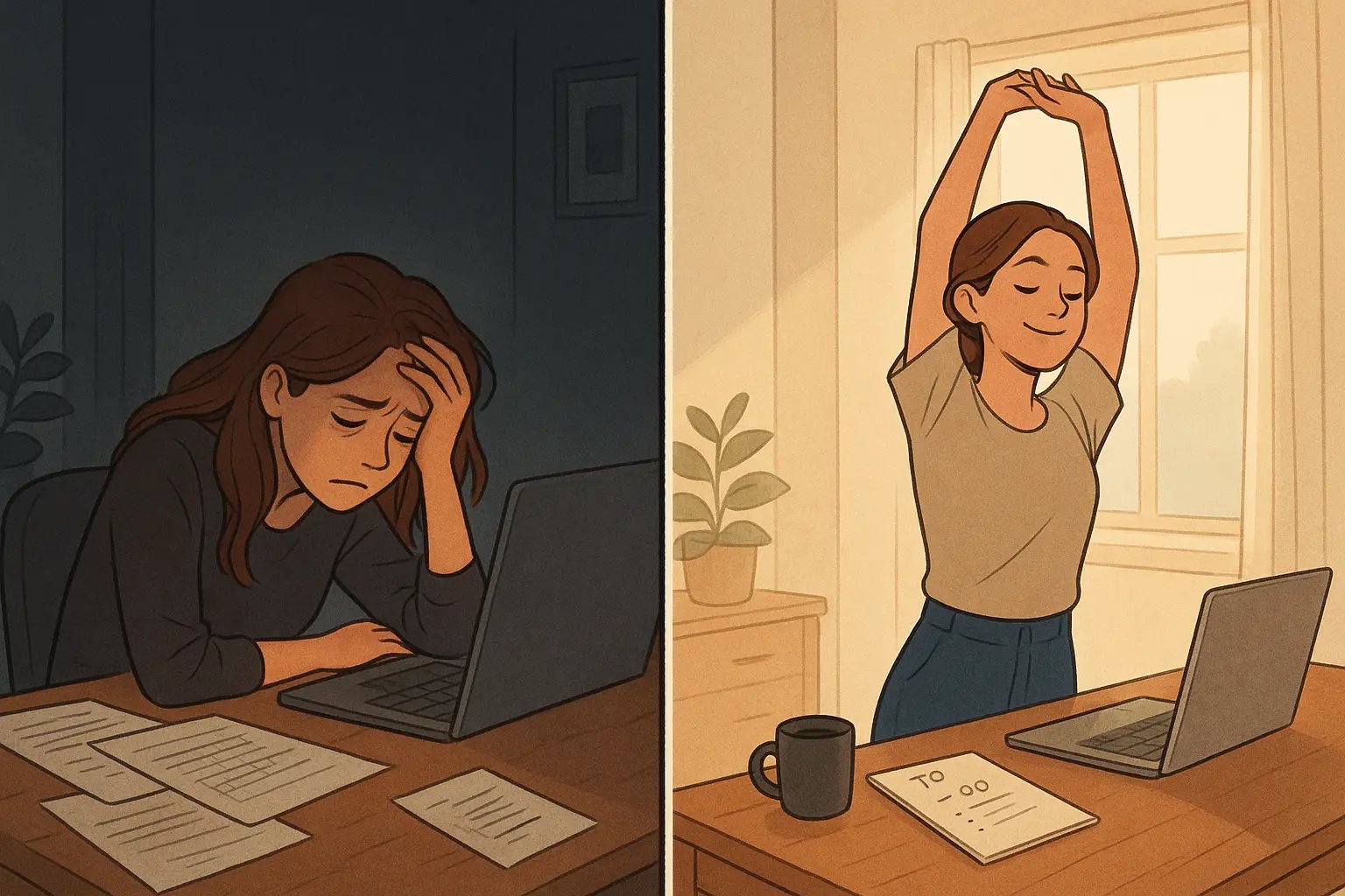 Split-panel illustration showing a woman transforming from overwhelmed at her desk to calm and refocused after a movement break.