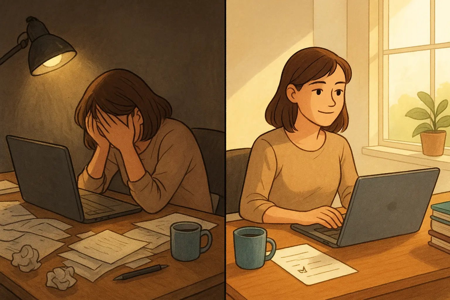 Split panel showing woman's transformation from overwhelmed at messy desk to calm and proud at organised desk with completed task