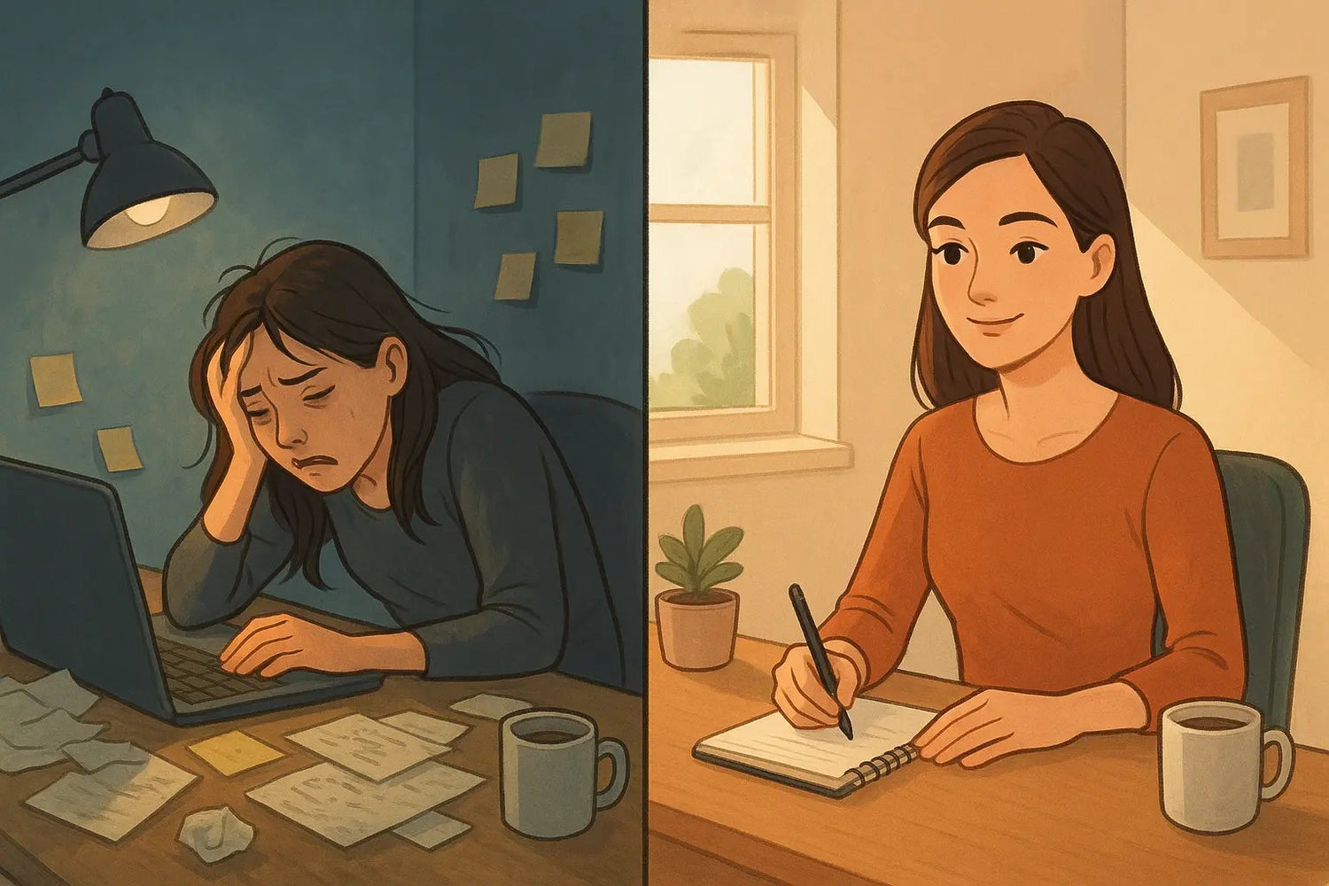 Before-and-after split image showing a woman transforming from overwhelmed at a chaotic desk to calm and confident at an organised workspace