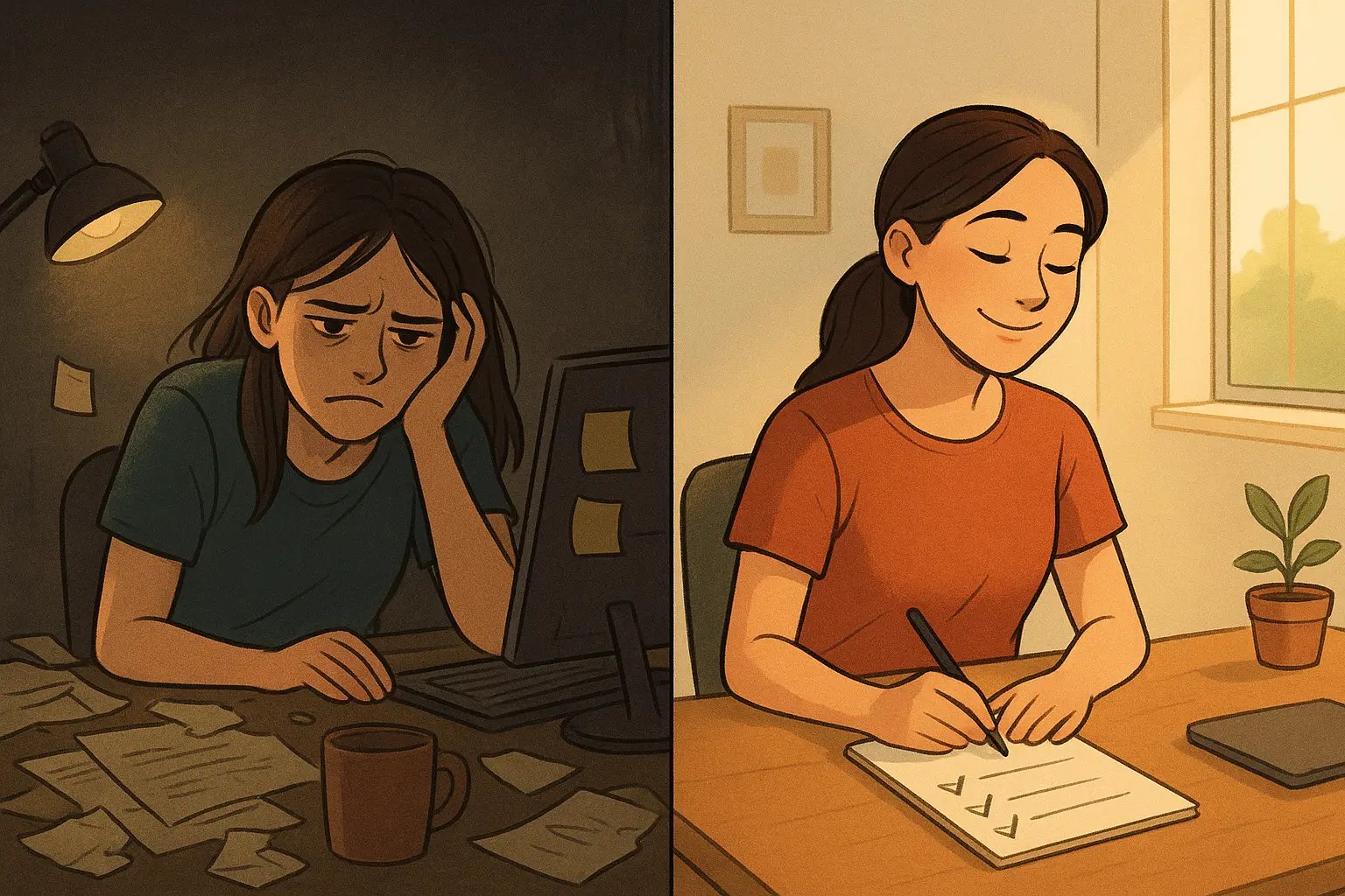 Split-panel illustration showing woman's desk transformation from chaotic and overwhelming to organised and calm with completed checklist