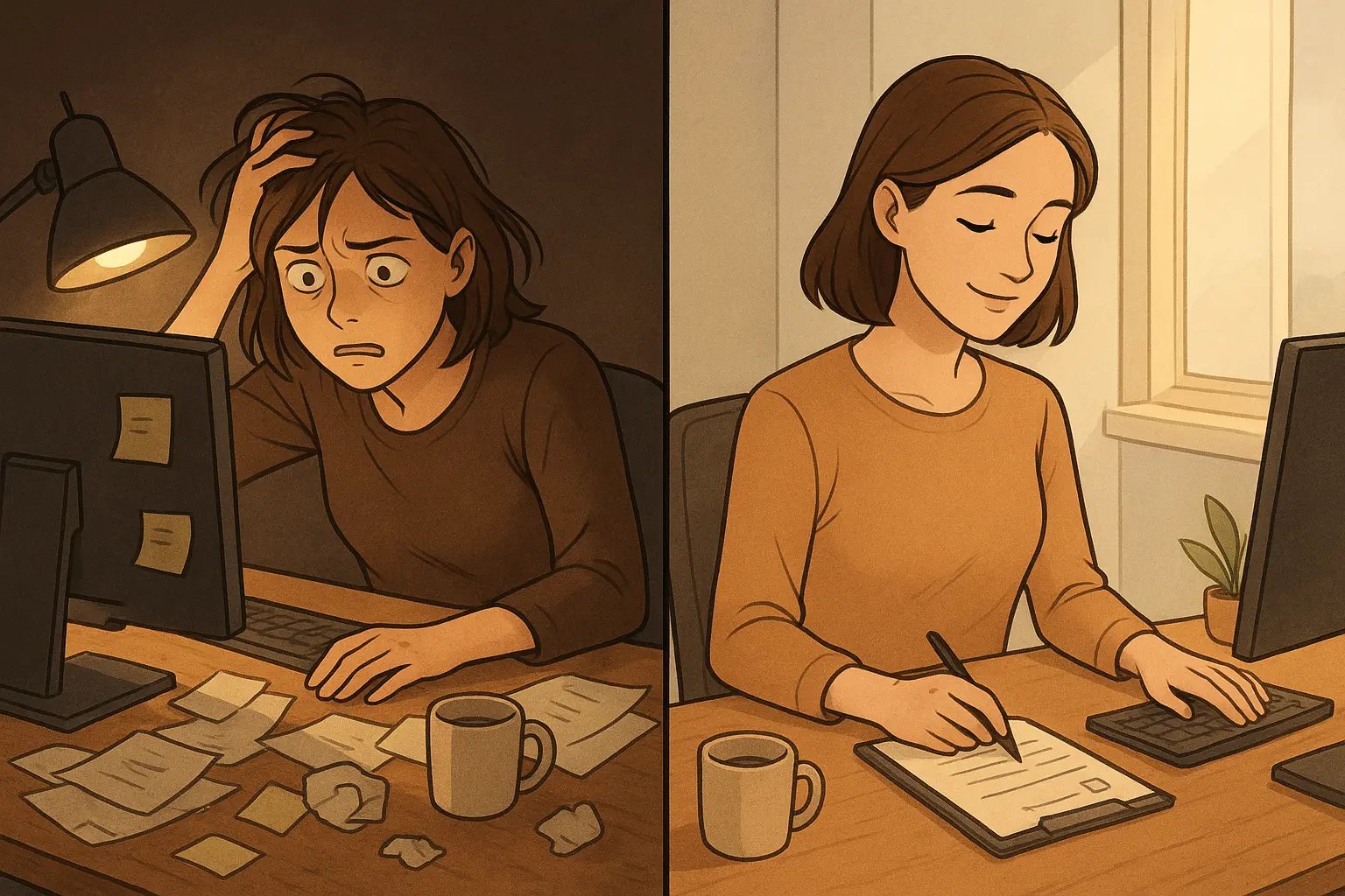 Woman at desk transforming from overwhelmed with scattered papers to calm and organised with a simple checklist, showing before and after focus states.