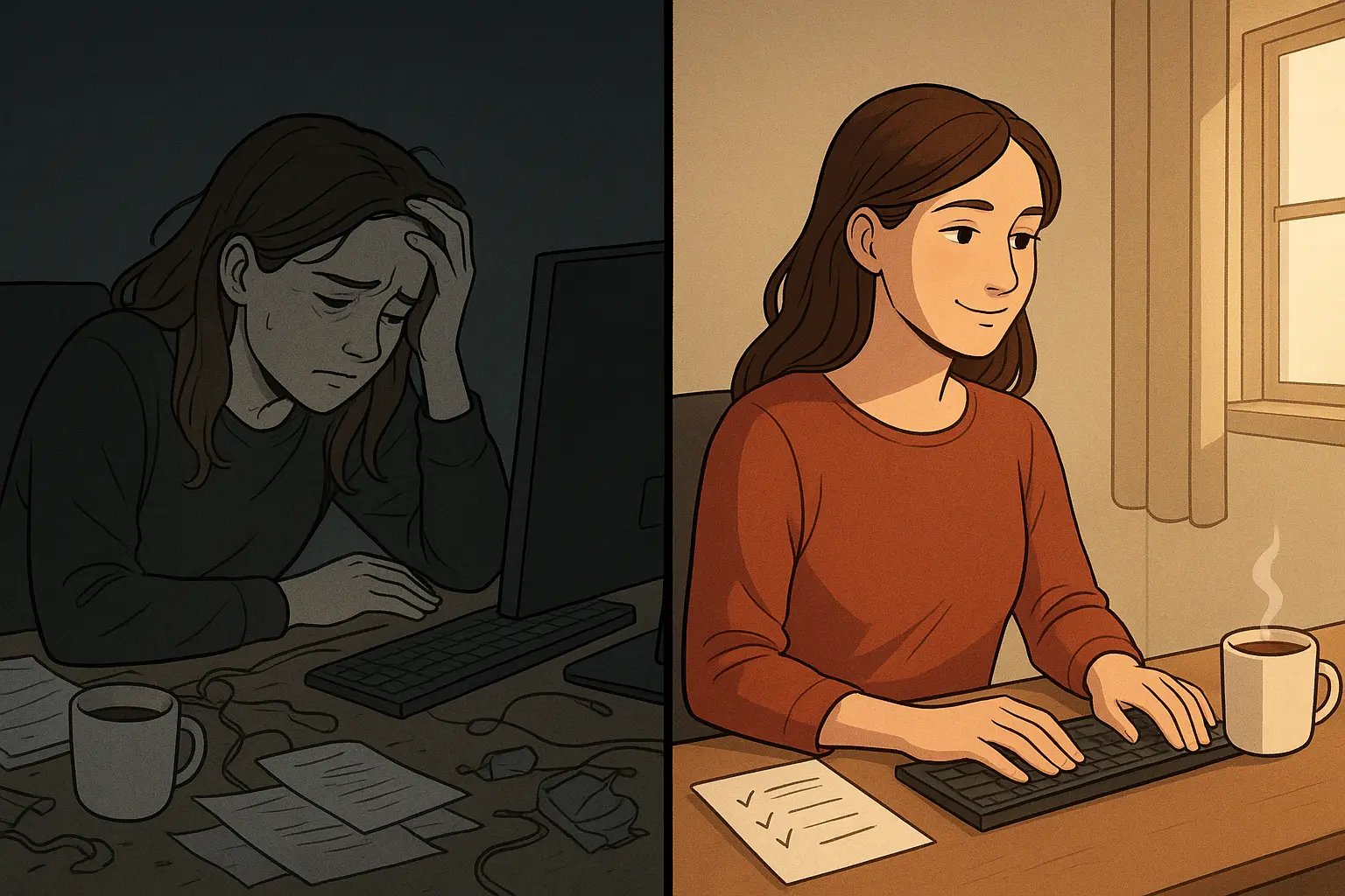 Woman transforms from stressed at messy desk to calm and productive at organised workspace with checklist