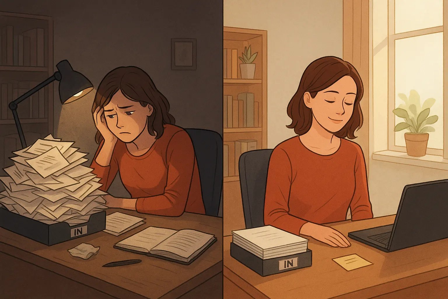 Woman at tidy desk looking at simple note, transformed from overwhelmed to calm and organised