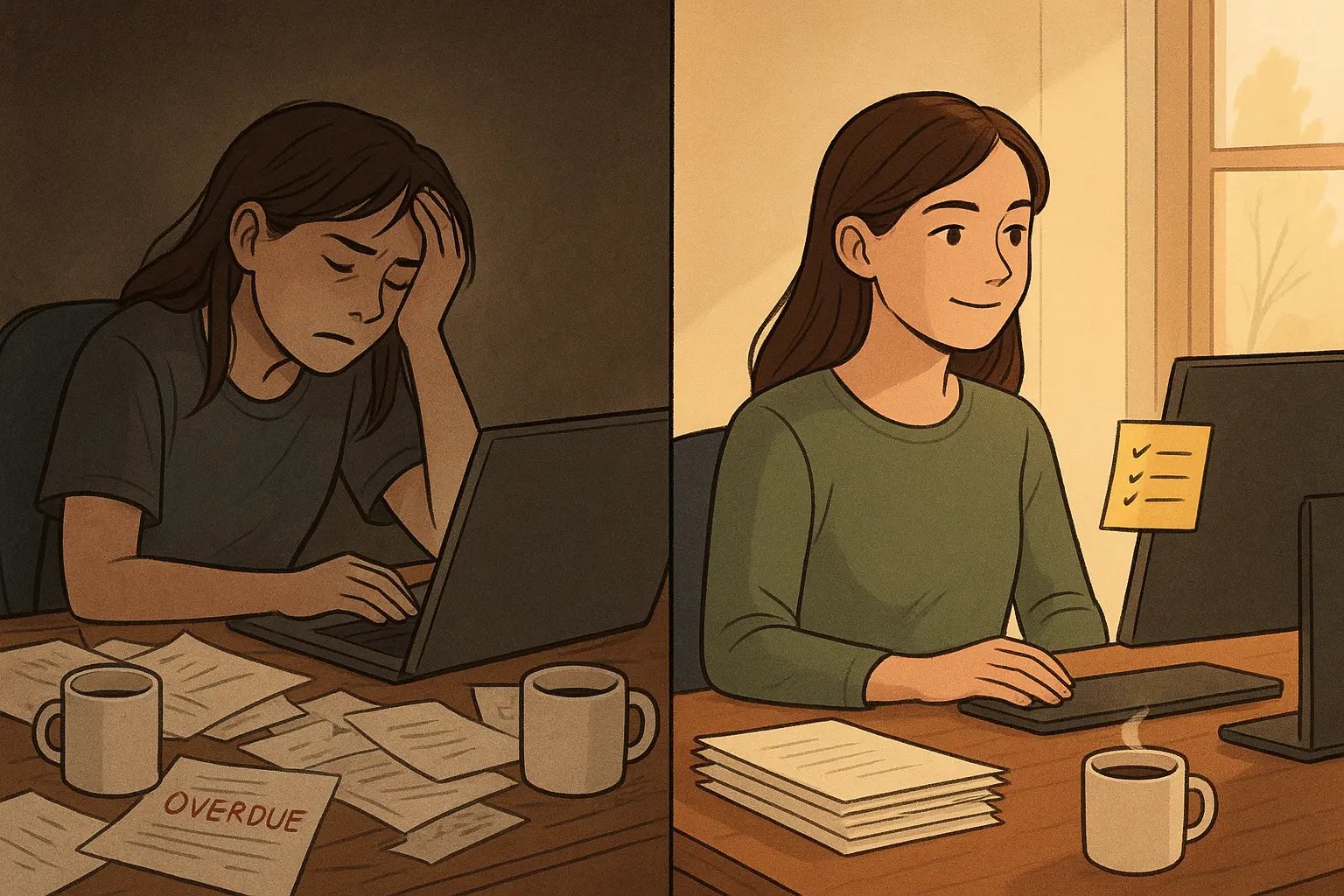 Before and after illustration showing a woman transforming from overwhelmed at a chaotic desk to calm and focused at an organised workspace