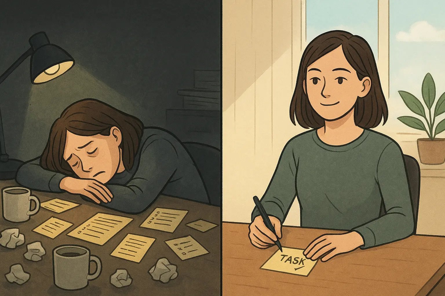 Split panel showing a woman's transformation from overwhelmed at a cluttered desk to calm and focused at an organised desk after completing one task.